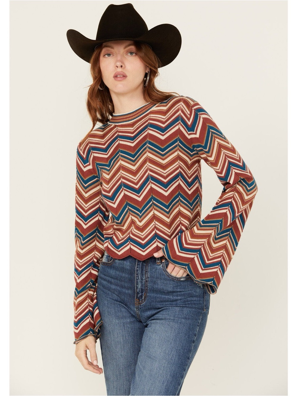 Chevron-Striped Western Style Long Sleeve Crop Top in Rust, Teal & Cream